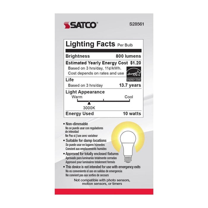 SATCO 10 Watt - A19 LED - Frosted - 3000K - Medium base - 120 Volt - 4-pack S28561