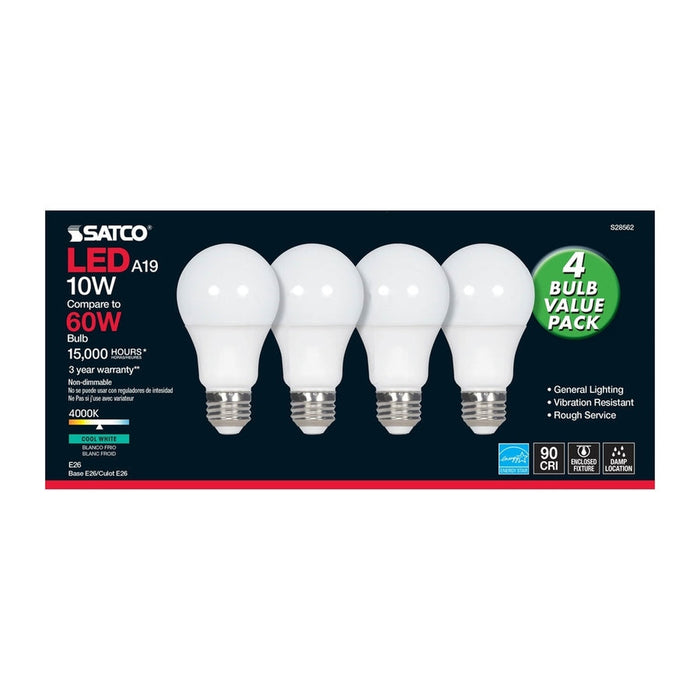 SATCO 10 Watt - A19 LED - Frosted - 4000K - Medium base - 120 Volt - 4-pack S28562