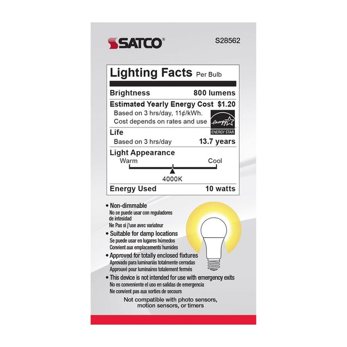 SATCO 10 Watt - A19 LED - Frosted - 4000K - Medium base - 120 Volt - 4-pack S28562