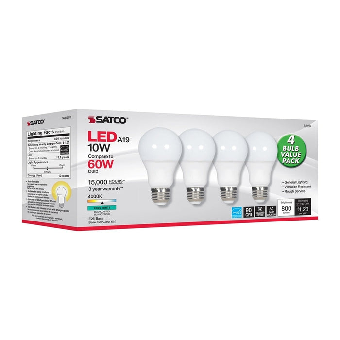 SATCO 10 Watt - A19 LED - Frosted - 4000K - Medium base - 120 Volt - 4-pack S28562