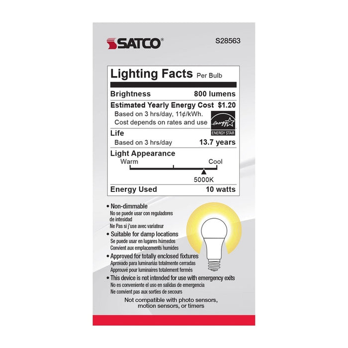 SATCO 10 Watt - A19 LED - Frosted - 5000K - Medium base - 120 Volt - 4-pack S28563