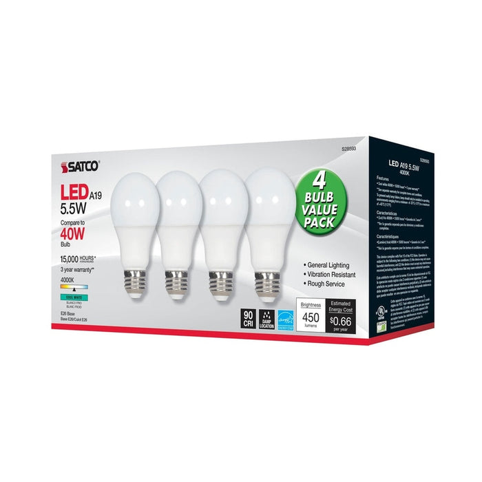 SATCO 5.5 Watt - A19 LED - Frosted - 4000K - Medium base - 120 Volt - 4-pack S28593