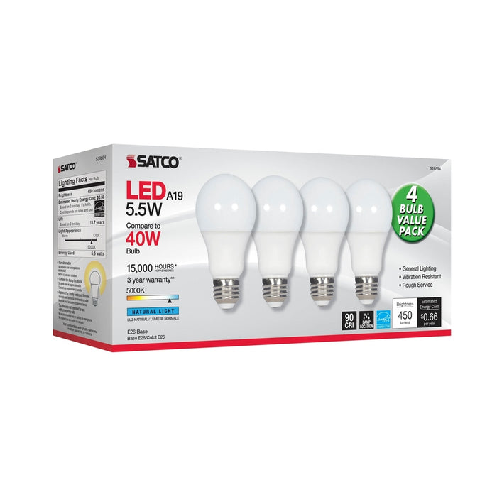 SATCO 5.5 Watt - A19 LED - Frosted - 5000K - Medium base - 120 Volt - 4-pack S28594