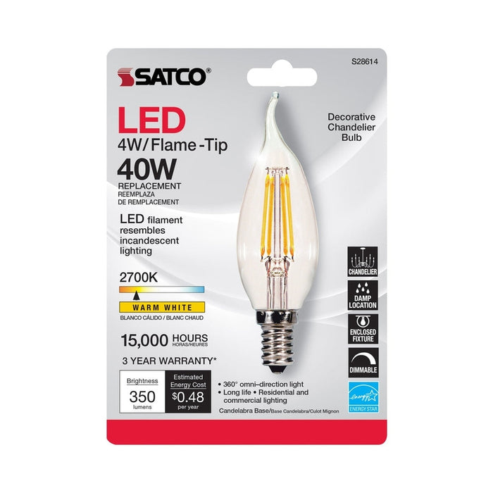 SATCO 4 Watt CA11 LED - Clear - Candelabra base - 2700K - 350 Lumens - 120 Volt - Carded S28614