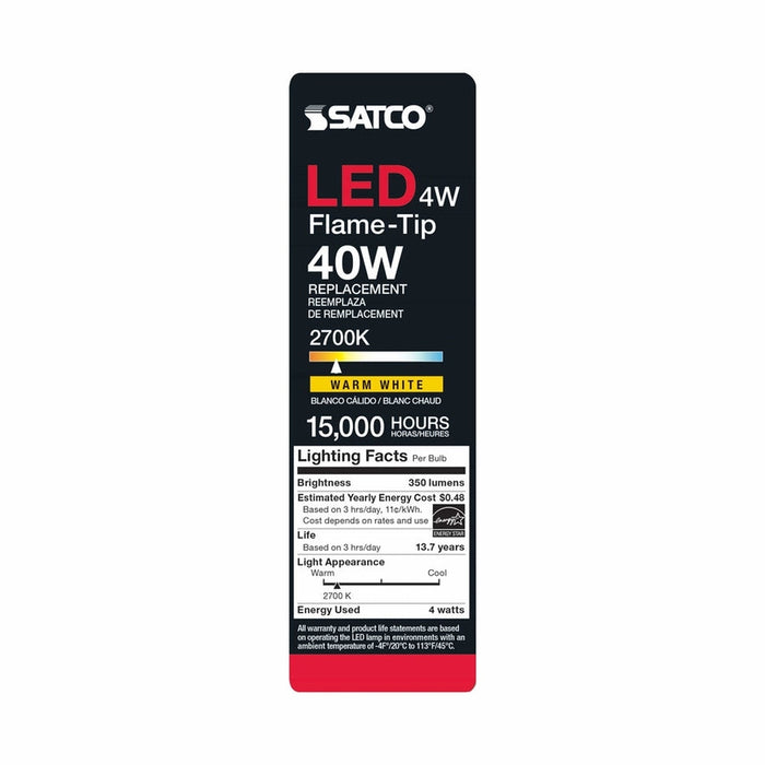 SATCO 4 Watt CA11 LED - Clear - Candelabra base - 2700K - 350 Lumens - 120 Volt - Carded S28614