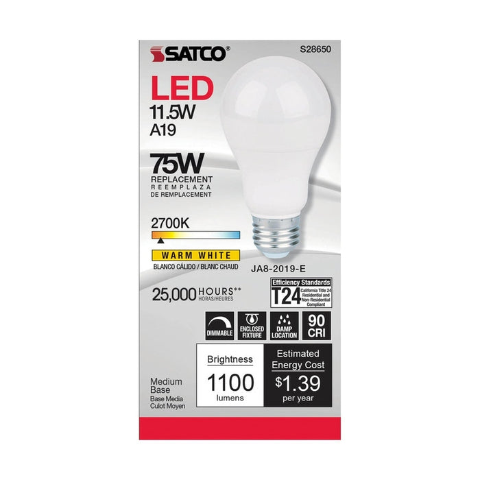 SATCO 11.5 Watt - A19 LED - 90CRI - 2700K - Medium base - 220 deg. Beam Angle - 120 Volt - 1100 Lumens - CEC S28650