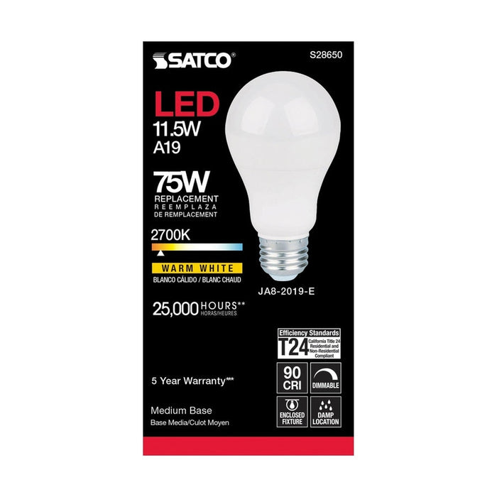 SATCO 11.5 Watt - A19 LED - 90CRI - 2700K - Medium base - 220 deg. Beam Angle - 120 Volt - 1100 Lumens - CEC S28650