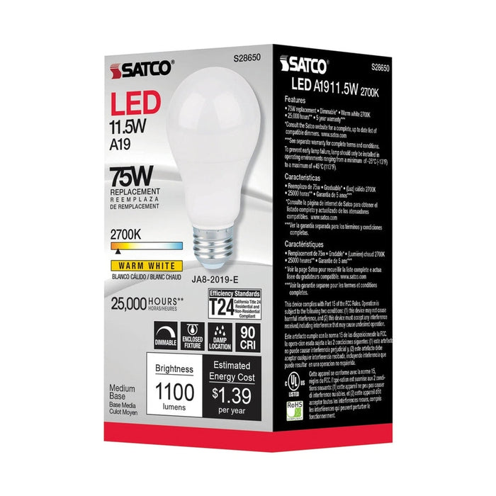 SATCO 11.5 Watt - A19 LED - 90CRI - 2700K - Medium base - 220 deg. Beam Angle - 120 Volt - 1100 Lumens - CEC S28650