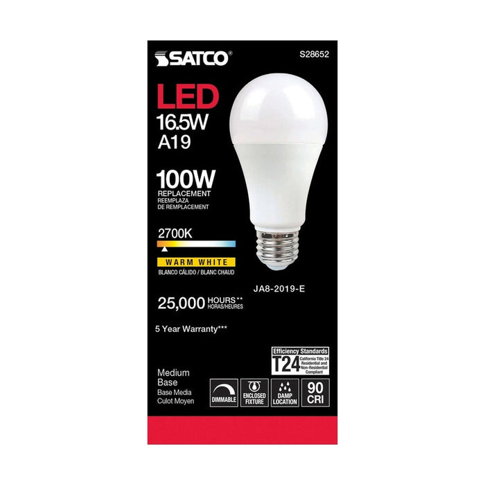 SATCO 16.5 Watt - A19 LED - 90CRI - 2700K - Medium base - 220 deg. Beam Angle - 120 Volt - 1600 Lumens - CEC S28652