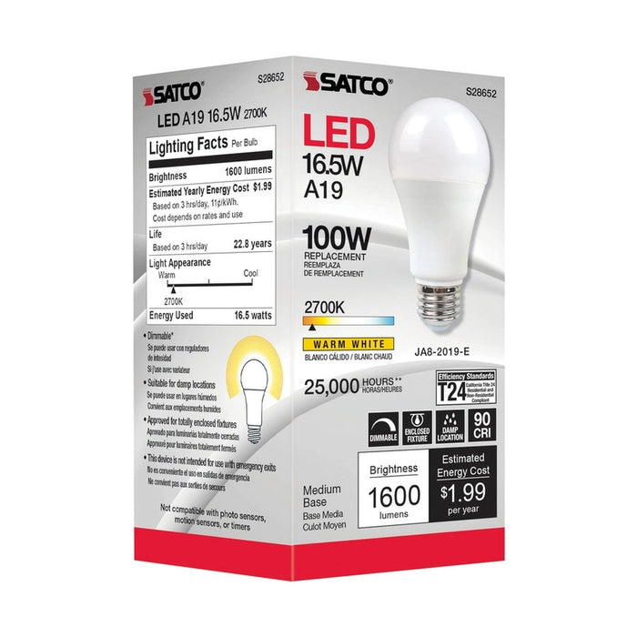 SATCO 16.5 Watt - A19 LED - 90CRI - 2700K - Medium base - 220 deg. Beam Angle - 120 Volt - 1600 Lumens - CEC S28652