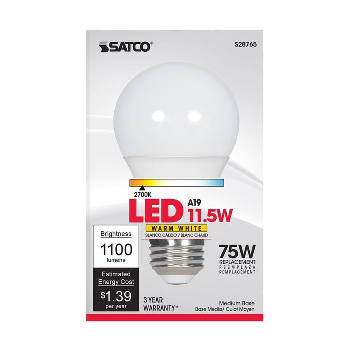 SATCO 11.5 Watt - A19 LED - 2700K - Medium base - 220 deg. Beam Angle -120 Volt S28765