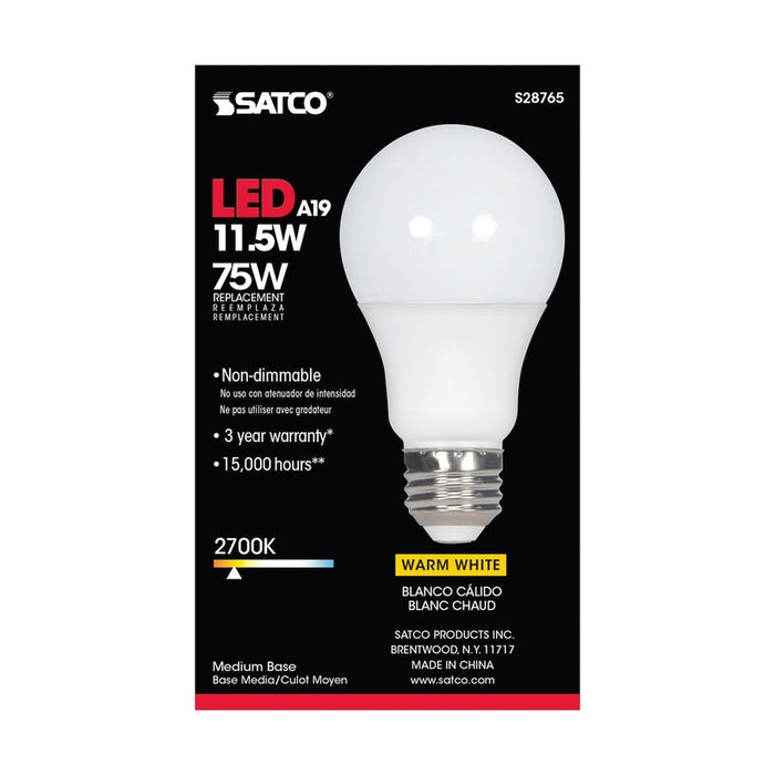 SATCO 11.5 Watt - A19 LED - 2700K - Medium base - 220 deg. Beam Angle -120 Volt S28765