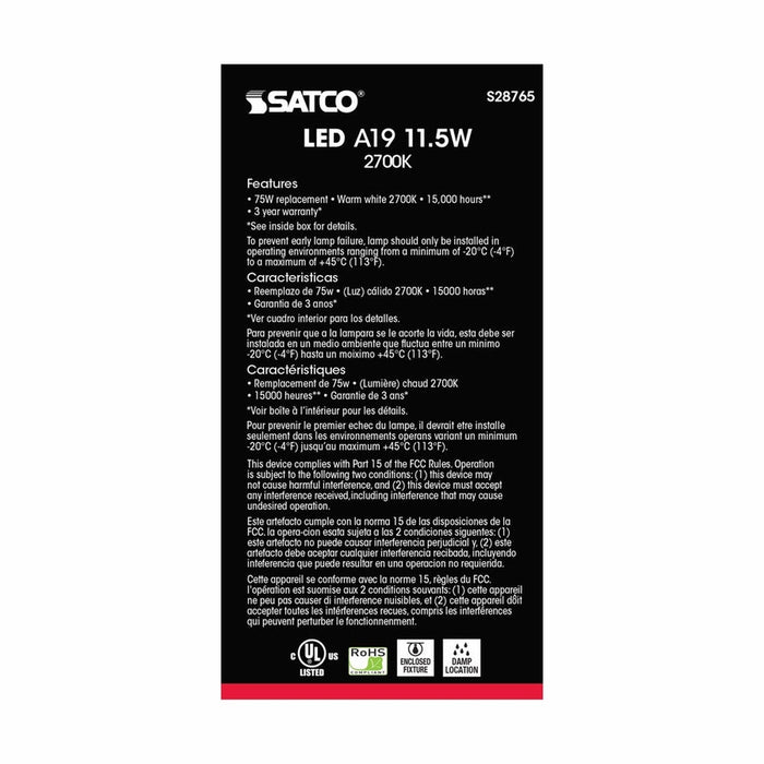 SATCO 11.5 Watt - A19 LED - 2700K - Medium base - 220 deg. Beam Angle -120 Volt S28765