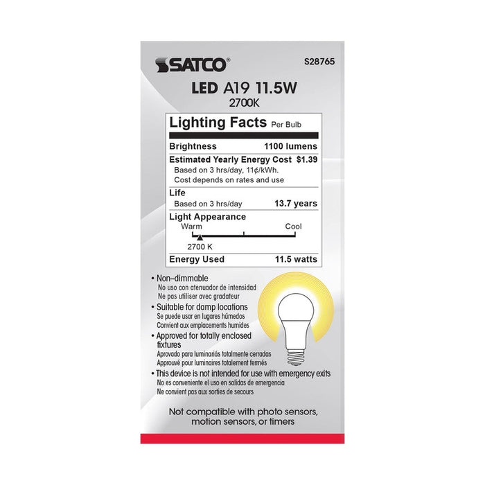 SATCO 11.5 Watt - A19 LED - 2700K - Medium base - 220 deg. Beam Angle -120 Volt S28765