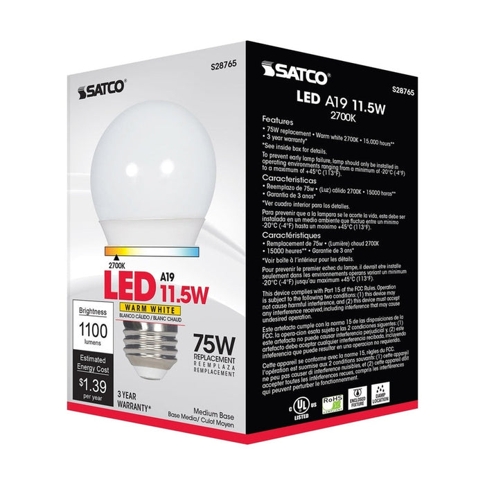 SATCO 11.5 Watt - A19 LED - 2700K - Medium base - 220 deg. Beam Angle -120 Volt S28765