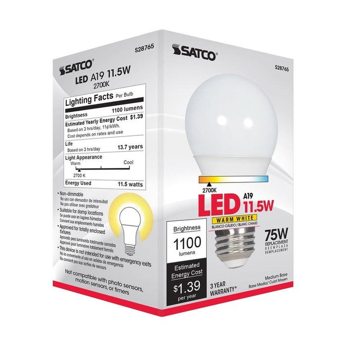 SATCO 11.5 Watt - A19 LED - 2700K - Medium base - 220 deg. Beam Angle -120 Volt S28765