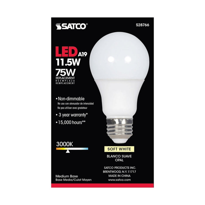 SATCO 11.5 Watt - A19 LED - 3000K - Medium base - 220 deg. Beam Angle -120 Volt S28766