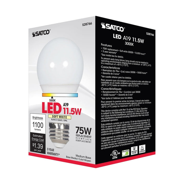 SATCO 11.5 Watt - A19 LED - 3000K - Medium base - 220 deg. Beam Angle -120 Volt S28766