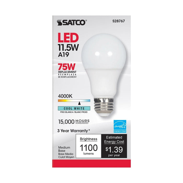 SATCO 11.5 Watt - A19 LED - 4000K - Medium base - 220 deg. Beam Angle -120 Volt S28767