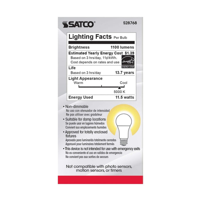 SATCO 11.5 Watt - A19 LED - 5000K - Medium base - 220 deg. Beam Angle -120 Volt S28768