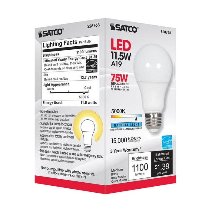 SATCO 11.5 Watt - A19 LED - 5000K - Medium base - 220 deg. Beam Angle -120 Volt S28768