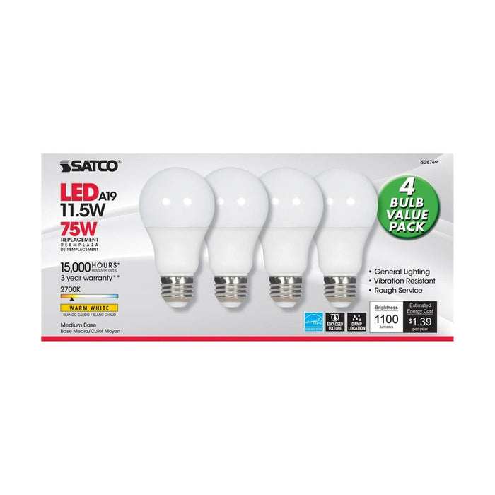 SATCO 11.5 Watt - A19 LED - 2700K - Medium base - 220 deg. Beam Angle -120 Volt - 4-pack S28769