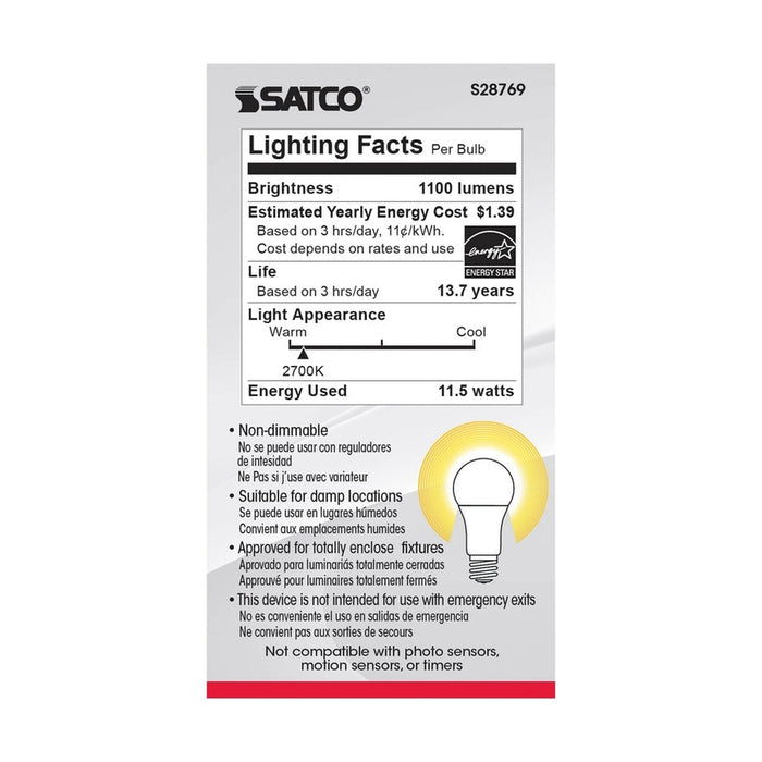 SATCO 11.5 Watt - A19 LED - 2700K - Medium base - 220 deg. Beam Angle -120 Volt - 4-pack S28769