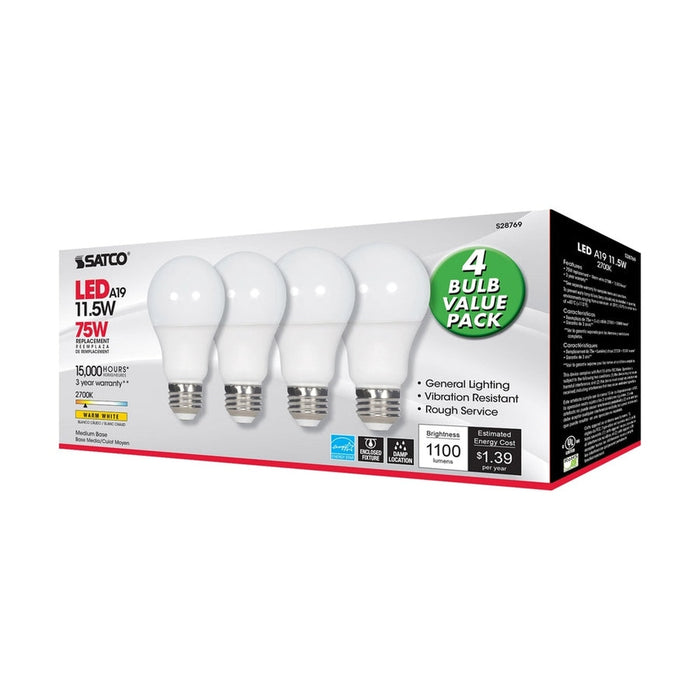 SATCO 11.5 Watt - A19 LED - 2700K - Medium base - 220 deg. Beam Angle -120 Volt - 4-pack S28769