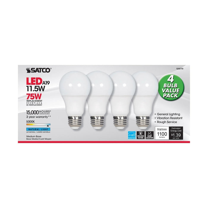 SATCO 11.5 Watt - A19 LED - 5000K - Medium base - 220 deg. Beam Angle -120 Volt - 4-pack S28770