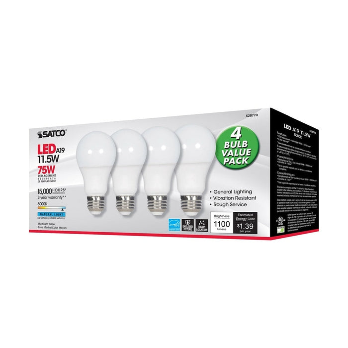 SATCO 11.5 Watt - A19 LED - 5000K - Medium base - 220 deg. Beam Angle -120 Volt - 4-pack S28770