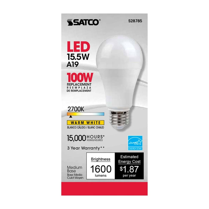 SATCO 15.5 Watt - A19 LED - 2700K - Medium base - 220 deg. Beam Angle -120 Volt S28785