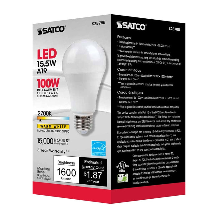 SATCO 15.5 Watt - A19 LED - 2700K - Medium base - 220 deg. Beam Angle -120 Volt S28785