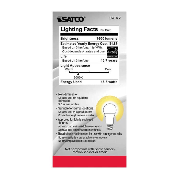 SATCO 15.5 Watt - A19 LED - 3000K - Medium base - 220 deg. Beam Angle -120 Volt S28786