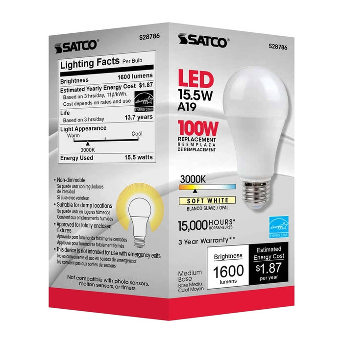 SATCO 15.5 Watt - A19 LED - 3000K - Medium base - 220 deg. Beam Angle -120 Volt S28786