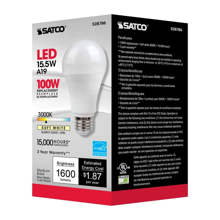 SATCO 15.5 Watt - A19 LED - 3000K - Medium base - 220 deg. Beam Angle -120 Volt S28786