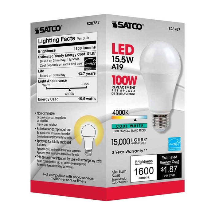 SATCO 15.5 Watt - A19 LED - 4000K - Medium base - 220 deg. Beam Angle -120 Volt S28787