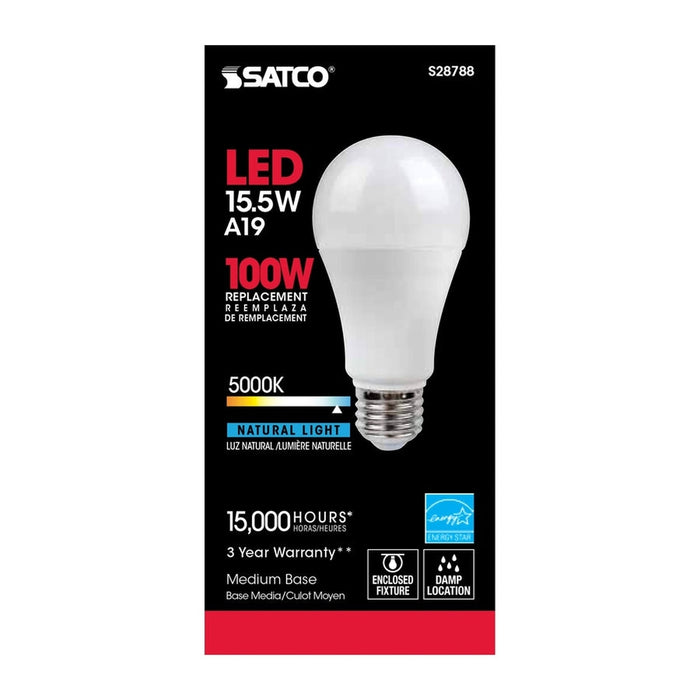 SATCO 15.5 Watt - A19 LED - 5000K - Medium base - 220 deg. Beam Angle -120 Volt S28788