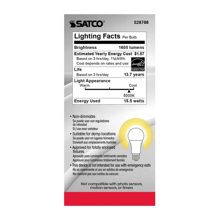 SATCO 15.5 Watt - A19 LED - 5000K - Medium base - 220 deg. Beam Angle -120 Volt S28788