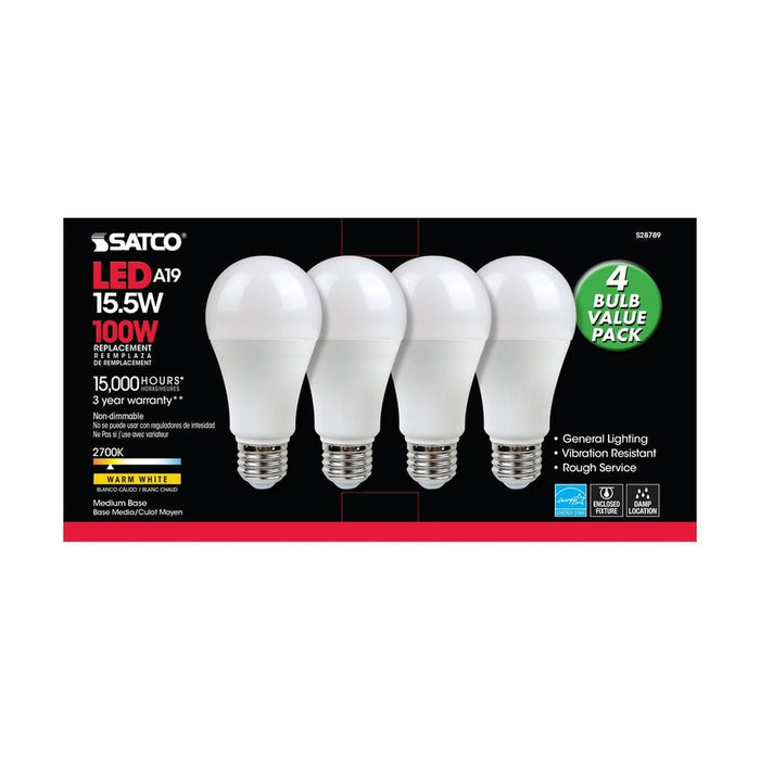 SATCO 15.5 Watt - A19 LED - 2700K - Medium base - 120 Volt - 4-pack S28789