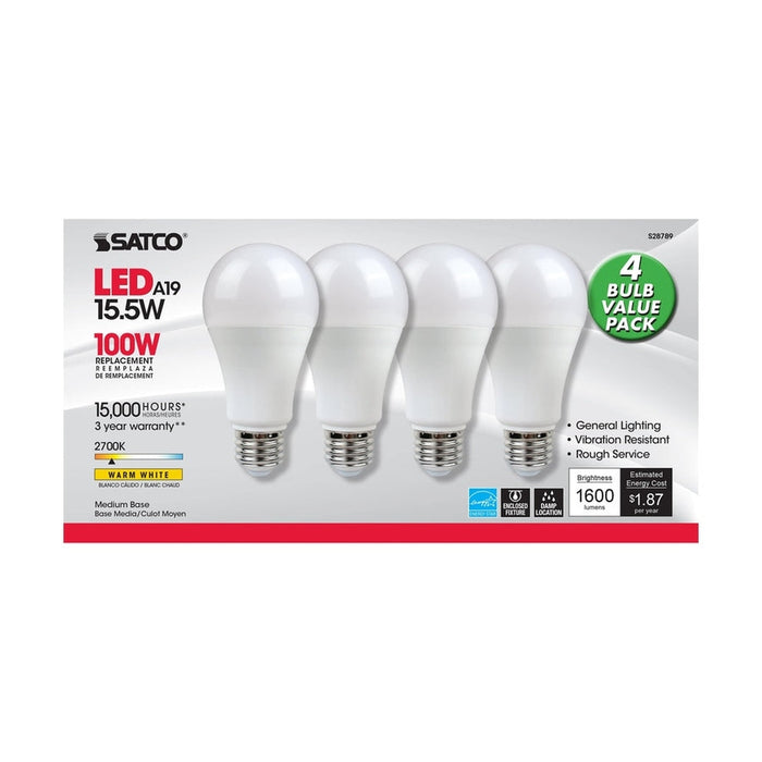 SATCO 15.5 Watt - A19 LED - 2700K - Medium base - 120 Volt - 4-pack S28789