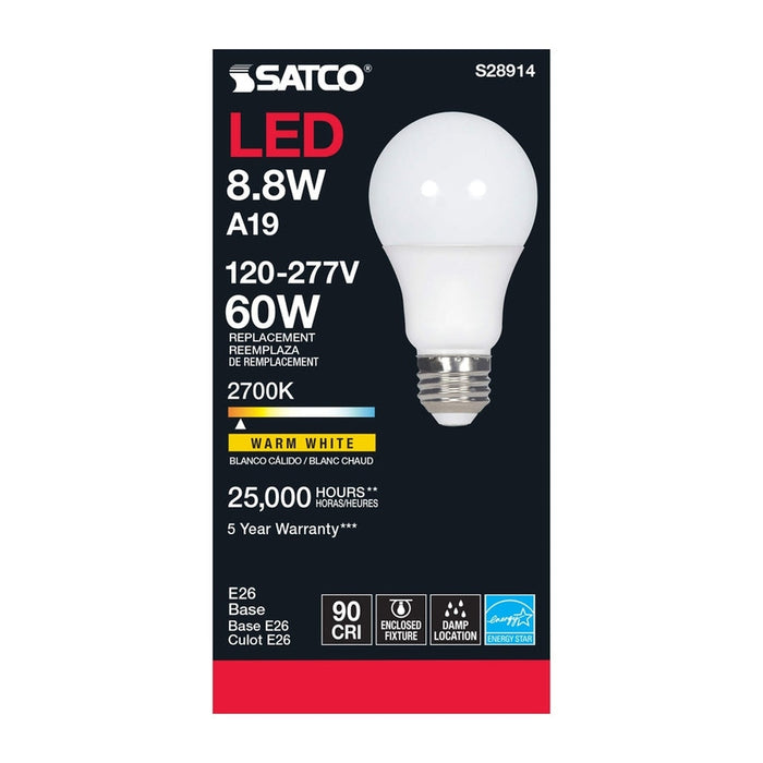 SATCO 8.8W - A19 LED - 2700K - Medium base - 220 deg. Beam Angle - 120-277V S28914