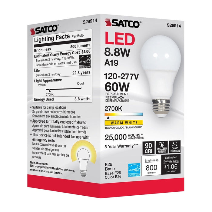 SATCO 8.8W - A19 LED - 2700K - Medium base - 220 deg. Beam Angle - 120-277V S28914