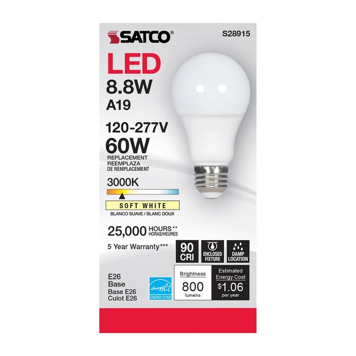 SATCO 8.8W - A19 LED - 3000K - Medium base - 220 deg. Beam Angle - 120-277V S28915