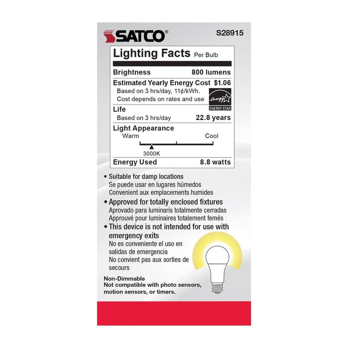 SATCO 8.8W - A19 LED - 3000K - Medium base - 220 deg. Beam Angle - 120-277V S28915