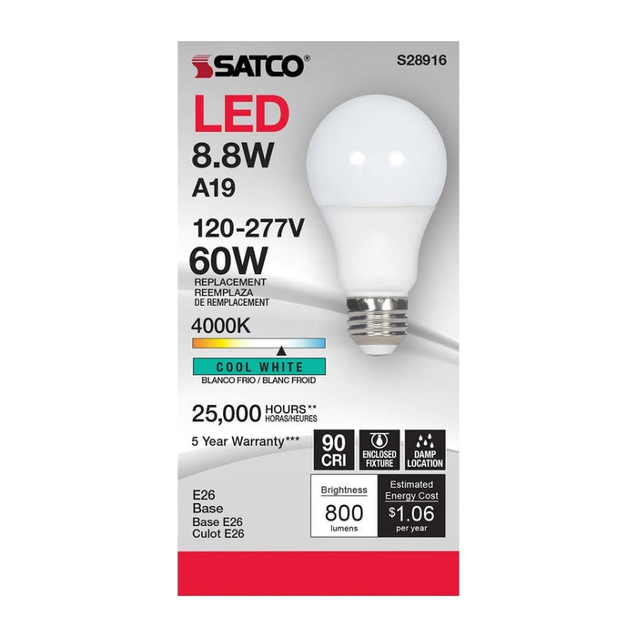 SATCO 8.8W - A19 LED - 4000K - Medium base - 220 deg. Beam Angle - 120-277V - 6-Pack S28916-6