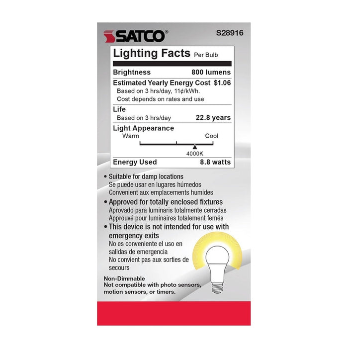 SATCO 8.8W - A19 LED - 4000K - Medium base - 220 deg. Beam Angle - 120-277V - 6-Pack S28916-6