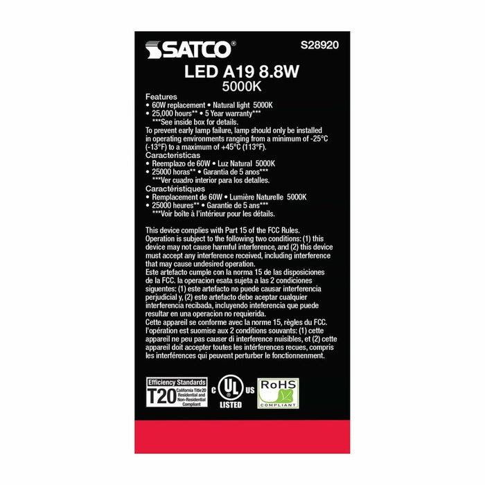 SATCO 8.8W - A19 LED - 5000K - Medium base - 220 deg. Beam Angle - 120-277V S28920