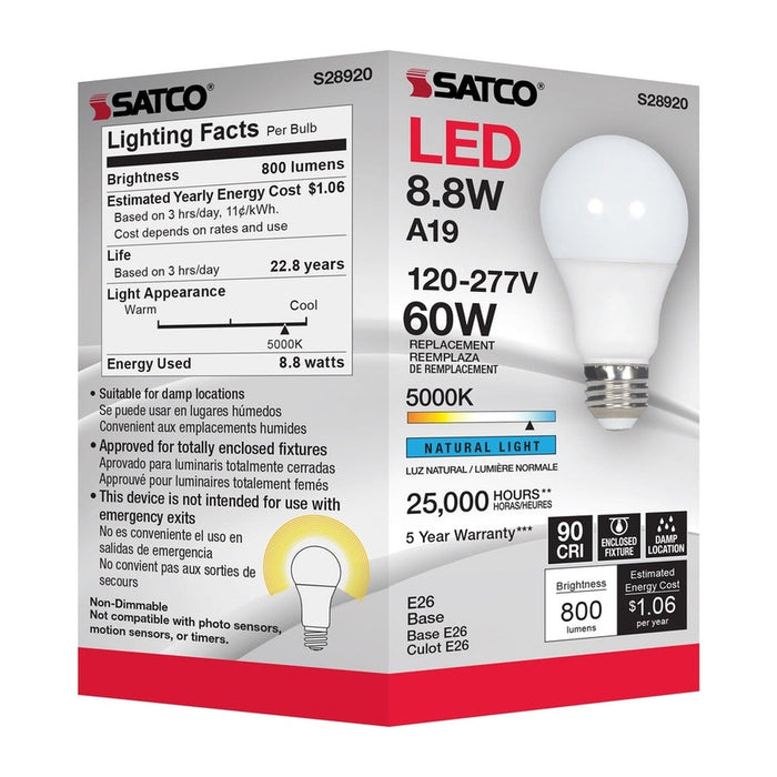 SATCO 8.8W - A19 LED - 5000K - Medium base - 220 deg. Beam Angle - 120-277V S28920