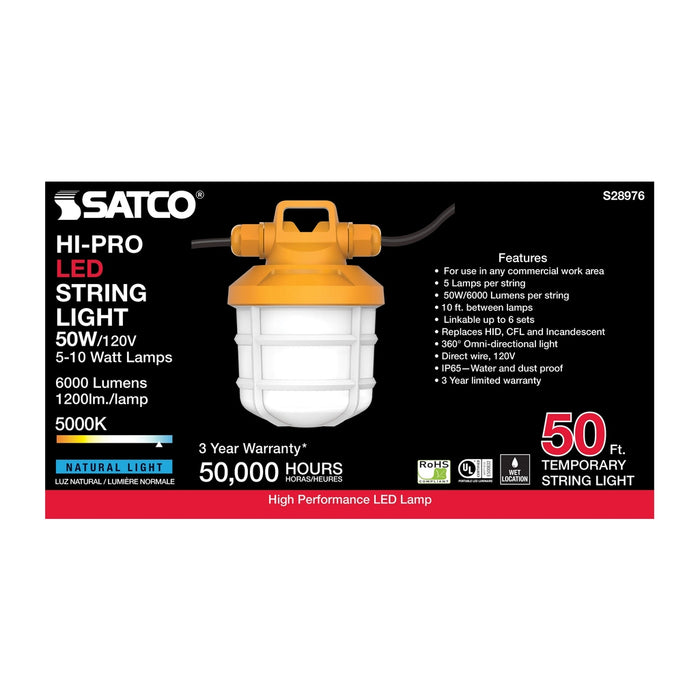 50 Watt LED High-Lumen Industrial / Commercial String Light - 5 Inter-Connected Lamps - 5000K