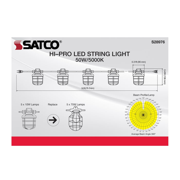 50 Watt LED High-Lumen Industrial / Commercial String Light - 5 Inter-Connected Lamps - 5000K